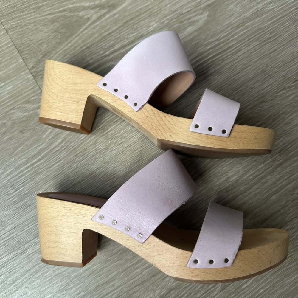 Madewell Pink and Tan Mules with Wooden Block Heel
